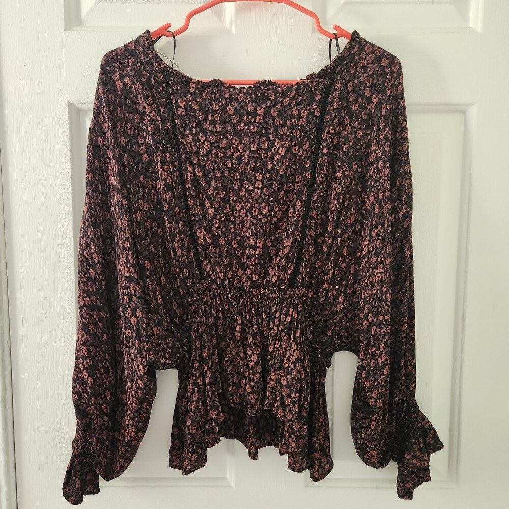 Anthropologie Floral Long Sleeve Black Pink Tan Peasant Blouse - Size S